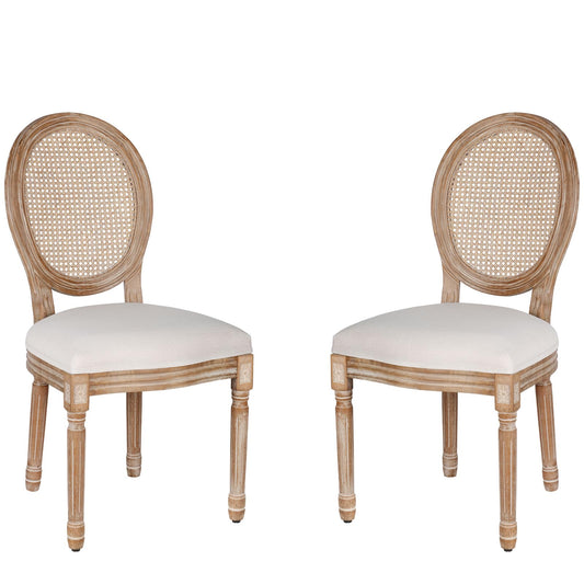 Polar Aurora Dining Chairs Set of 2 Beige Rattan Round Back with Solid Wood Legs and Frame for French Country Kitchen Dining Room - WoodArtSupply