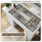 Vanity Desk with Power Outlet, 9 Drawers Makeup Vanity with Mirror and 12 LED Lights, 3 Lighting Modes, Glass Top Vanity Set, Fold-up Panel, Dressing Table for Bedroom FUSOU