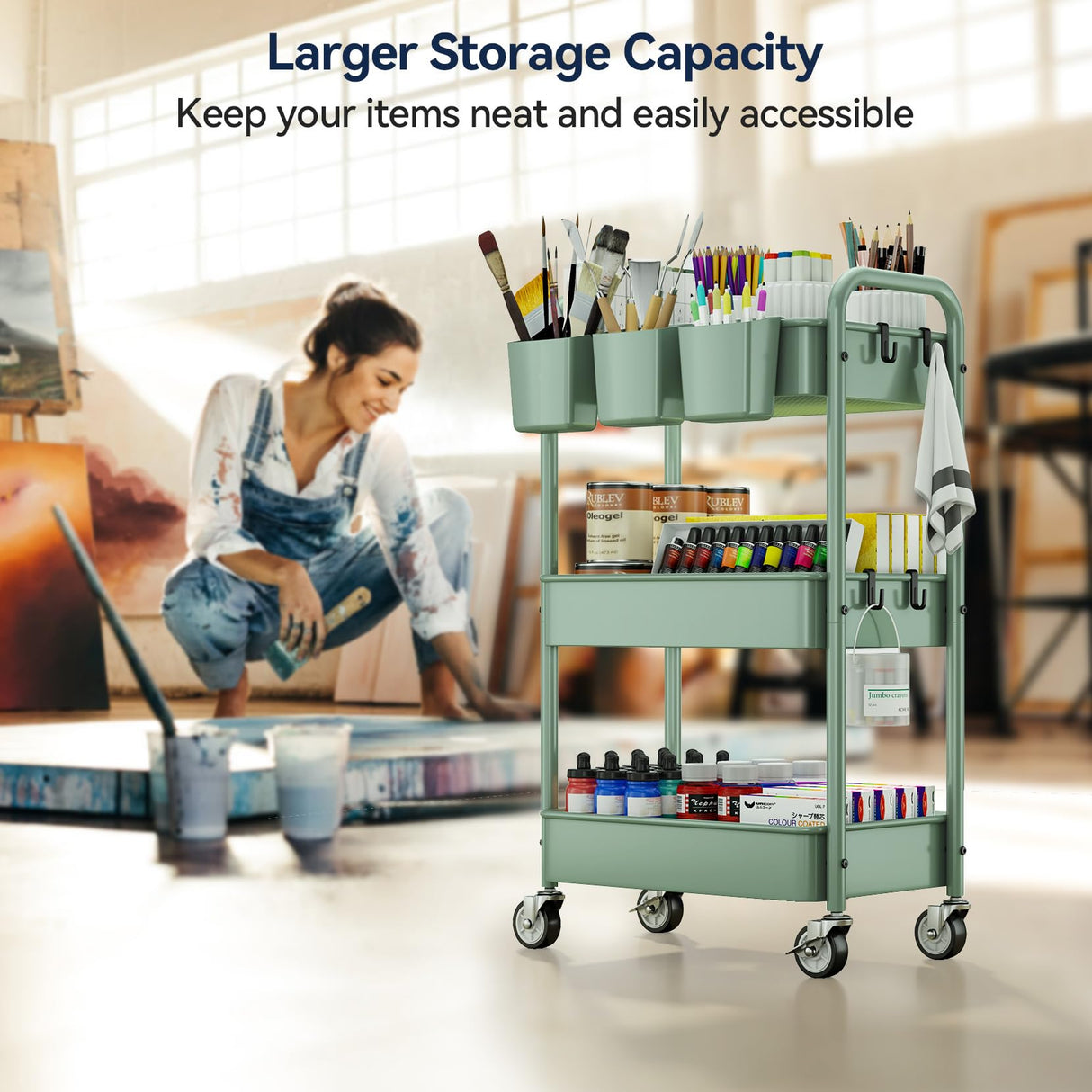 YASONIC 3-Tier Rolling Cart, Green, 66 Pounds Capacity, Mesh Storage Organizer with Lockable Wheels, 3 Hanging Cups, 4 Hooks, Easy Assembly, for Kitchen, Bathroom, Laundry, Grocery YASONIC