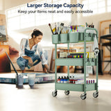 YASONIC 3-Tier Rolling Cart, Green, 66 Pounds Capacity, Mesh Storage Organizer with Lockable Wheels, 3 Hanging Cups, 4 Hooks, Easy Assembly, for Kitchen, Bathroom, Laundry, Grocery YASONIC