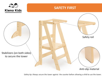 Foldable Kitchen Stool for Kids - Foldable Toddler Tower, Kitchen Stool for Toddlers, Toddler Standing Tower, Toddler Tower, Kids Stool (Wood Color)