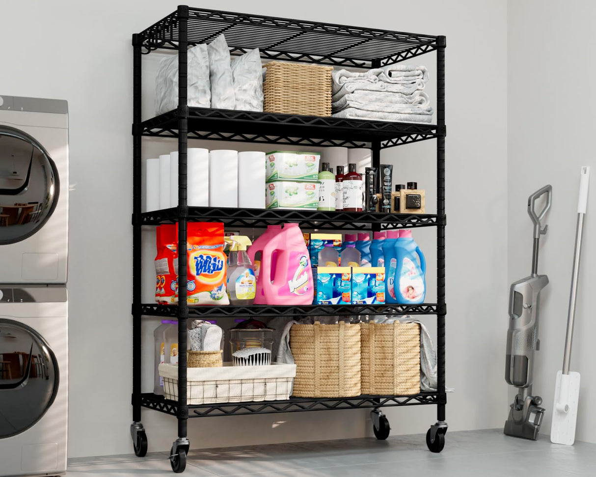 PrimeZone Wire Shelving Unit with Wheels, 5 Tier Adjustable NSF Certified Heavy Duty Metal Storage Shelves, Pantry Organizer Rack Rolling Kitchen Shelf for Closet Garage, 24" W x 18" D x 75" H, Black PrimeZone