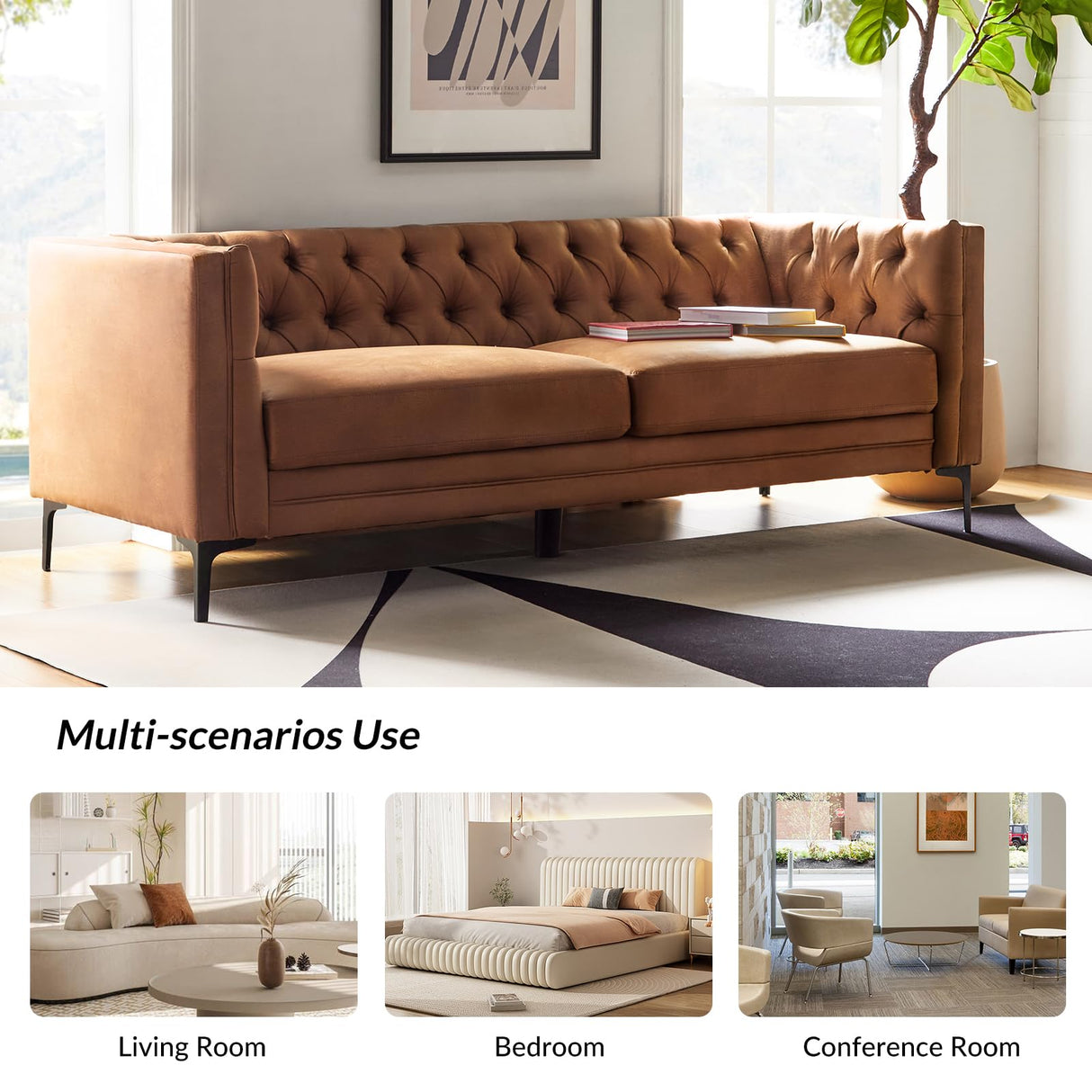 HULALA HOME 84" W Faux Leather Sofa Couch with Metal Legs, Button-Tufted 3-Seater Sofa, Mid Century Modern Upholstered Couch for Living Room, Entertainment Area, Apartment,Camel HULALA HOME