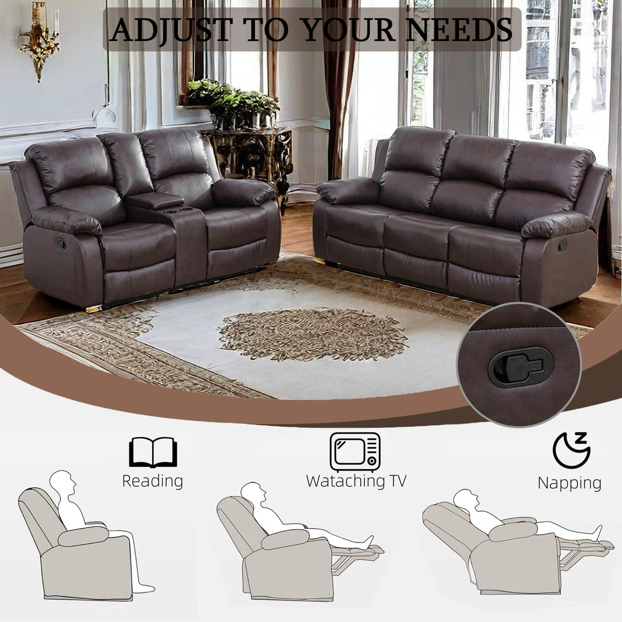 Caberryne 2 Pieces Leather Recliner Sofa Sets，Recliner Sofa and Loveseat Light Brown for Living Room Furniture Set,Wall Hugger Recliners for House/Office/Rv(Recliner Loveseat&Couch 2 Piece) Caberryne
