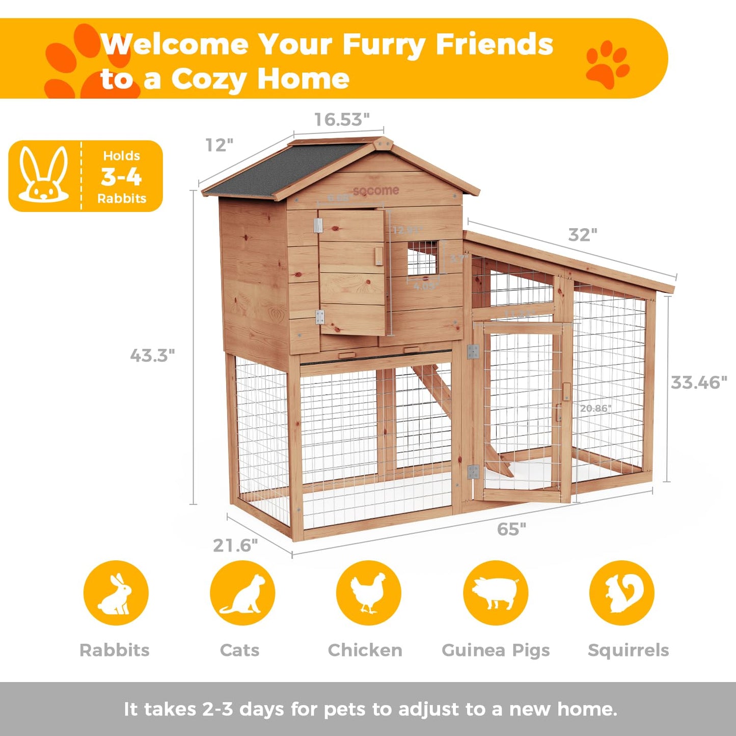 SOCOME 65" Solid Wood Rabbit Cage, Outdoor Rabbit Hutch with Run Area, Ventilation Fencing, Openable Roof, Lockable Doors and Ramp, Waterproof Animal House for Cats, Guinea Pigs, Ducks, Cherry