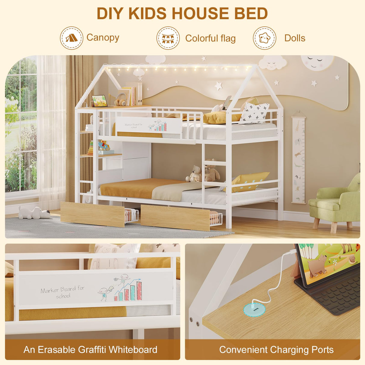 DICTAC Bunk Bed Twin Over Twin with Storage Drawers and Globe String Lights House Shaped Low Bunk Bed with Montessori Bookshelves Metal bunk Beds for Kids with Ladder and Guardrail,Space Saving,White DICTAC