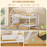 DICTAC Bunk Bed Twin Over Twin with Storage Drawers and Globe String Lights House Shaped Low Bunk Bed with Montessori Bookshelves Metal bunk Beds for Kids with Ladder and Guardrail,Space Saving,White DICTAC