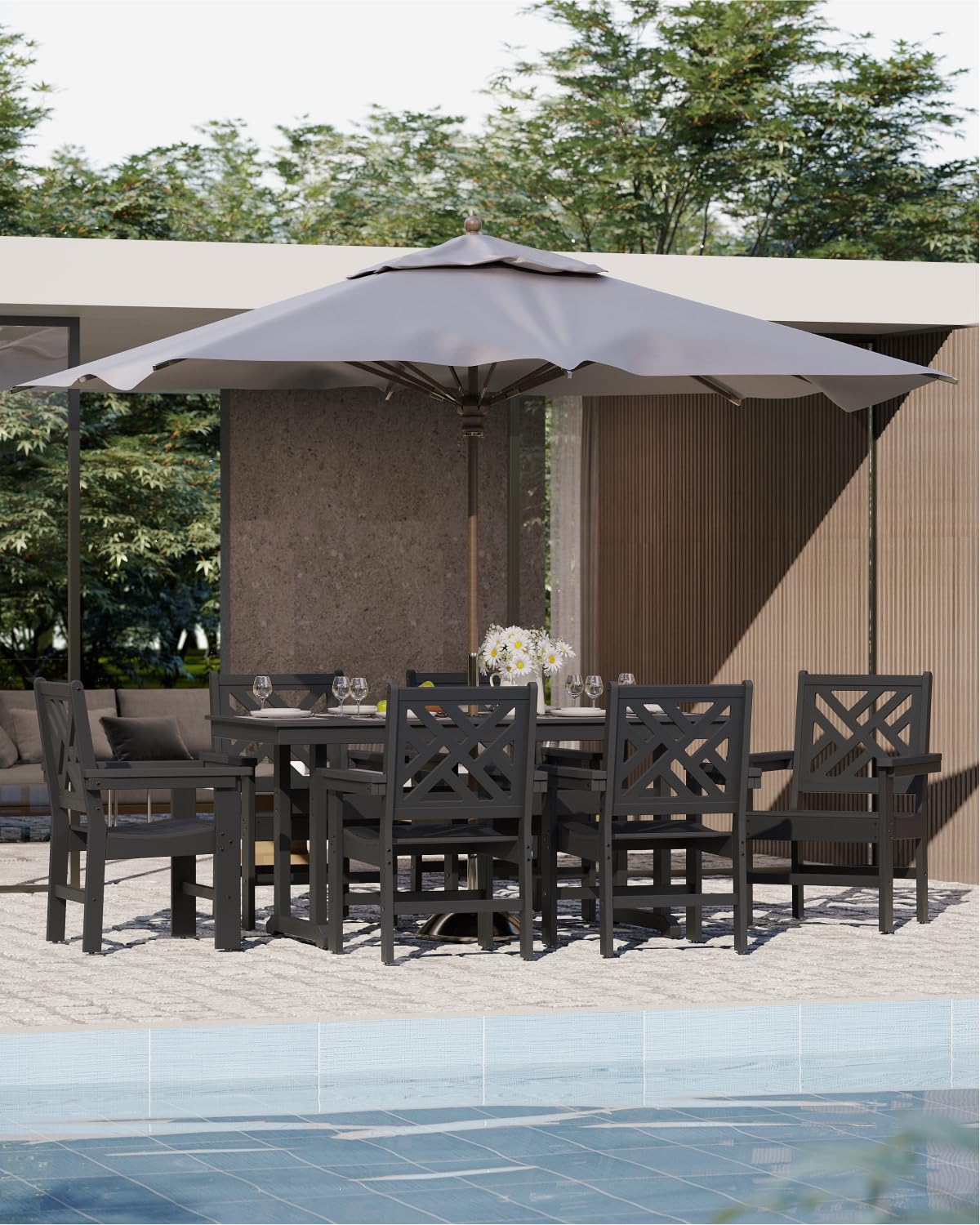 BIVODA 7-Piece Outdoor Dining Set, HDPE All-Weather Patio Table and Chairs Set for 6, Outdoor Patio Furniture Sets with Umbrella Hole for Outside, Deck, Backyard, Garden (Black) BIVODA