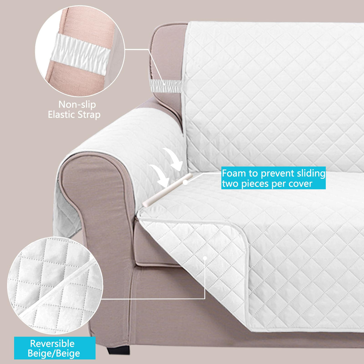 U-NICE HOME Loveseat Sofa Cover Reversible Couch Cover for Dogs with Elastic Straps Water Resistant Furniture Protector for Pets Couch Cover for 2 Cushion Couch (Loveseat, White/White) U-NICE HOME
