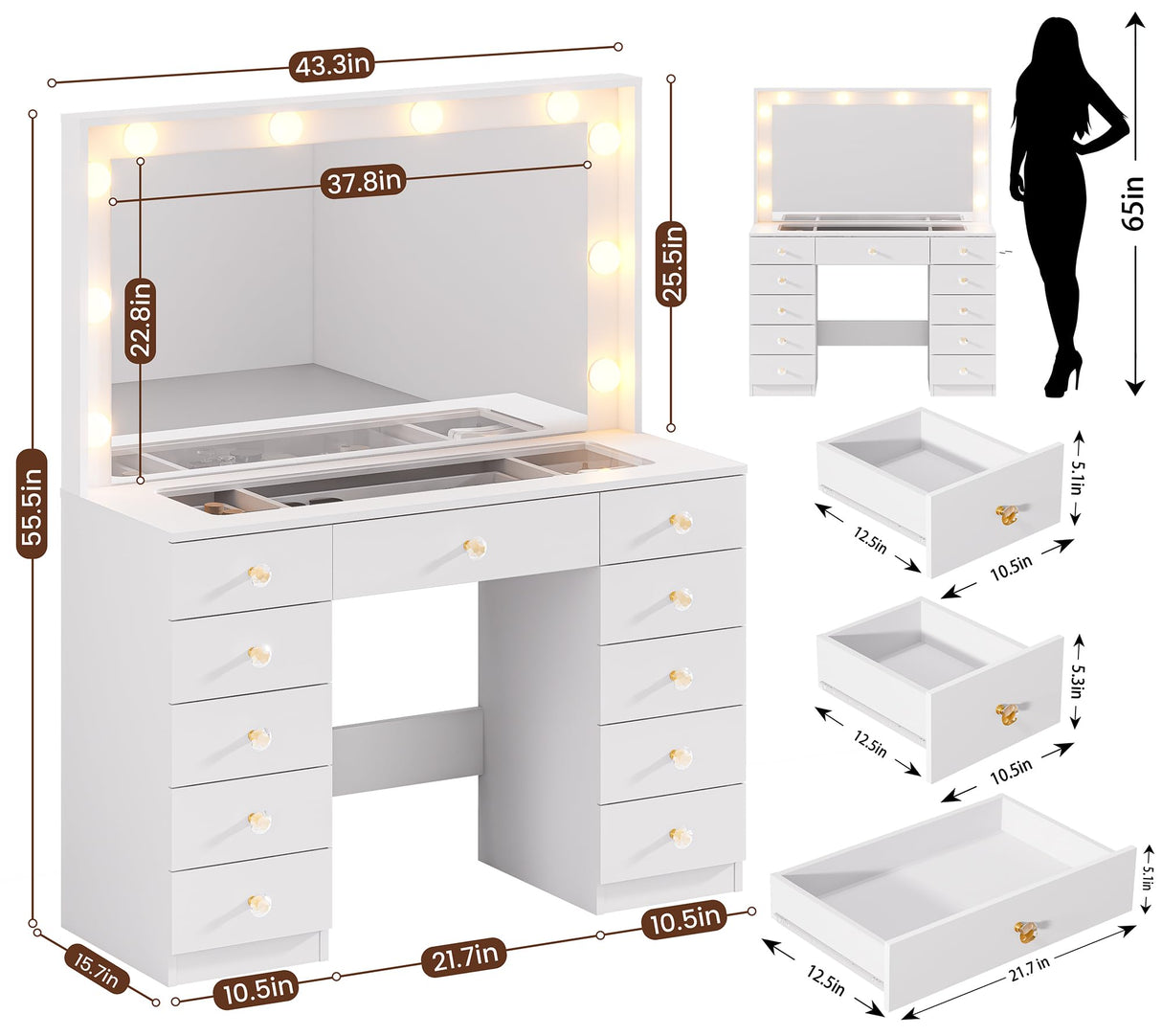 43.3" Vanity with Large Mirror and 10 LED Lights, Vanity Desk with Glasstop, 11 Drawers with Crystal Handles, Dressing Table with Power Outlet as Gift for Women, Girls (White) DINGIPP