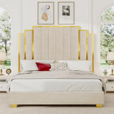 YUMPIE Queen Size Platform Bed Frame with 61" Extra Tall Headboard, Velvet Upholstered Bed with Golden Plating Trim, Wooden Slats/No Box Spring Needed/Noisy Free/Cream YUMPIE
