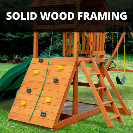 Gorilla Playsets 01-1080 Avalon Treehouse Wooden Swing Set with Oversized Green Vinyl Canopy Roof, Trapeze Arm, Climbing Wall, Ladder, Swings and Slide Gorilla Playsets