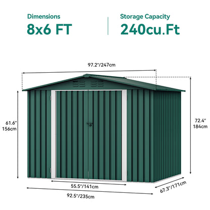 DWVO 6x8ft Large Outdoor Storage Shed, Heavy Duty Metal Tool Sheds with Lockable Door & Air Vent for Backyard Patio Lawn to Store Bikes, Tools, Lawnmowers, Green