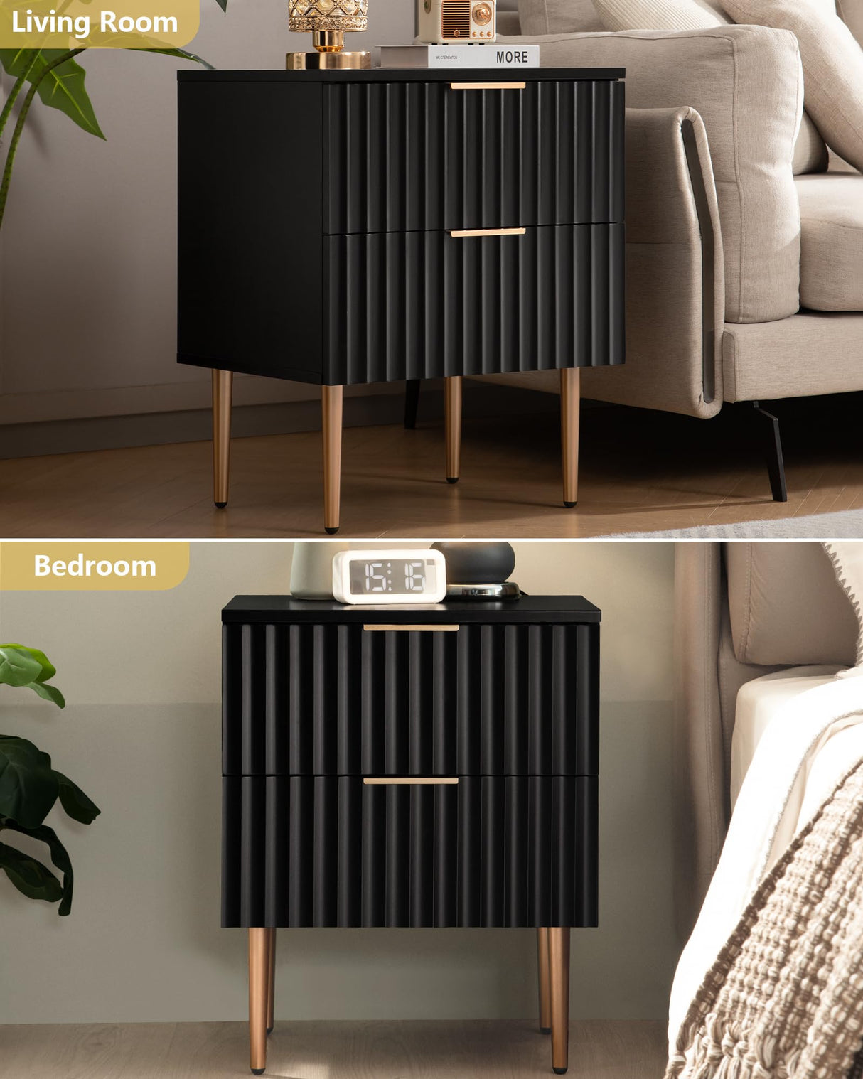 SICOTAS Black Night Stand Set 2, Wide Fluted Nightstand with 2 Drawers, Modern Glossy Storage Bedside Table for Bedroom, End Side Table with Golden Metal Legs and Handles SICOTAS