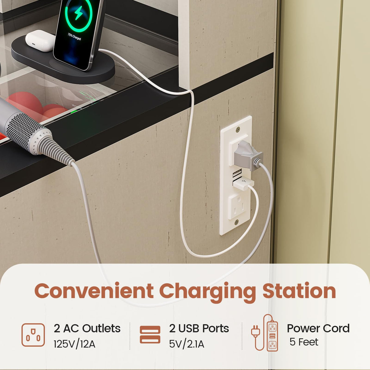 BTHFST Farmhouse Vanity Desk with Sliding Mirror and Lights, Large Makeup Vanity with Glass Top & Charging Station, Vanity Table with 5 Drawers & Shelves & Cabinets, Antique White BTHFST