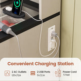 BTHFST Farmhouse Vanity Desk with Sliding Mirror and Lights, Large Makeup Vanity with Glass Top & Charging Station, Vanity Table with 5 Drawers & Shelves & Cabinets, Antique White BTHFST