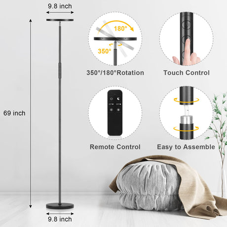 Yikuneng LED Floor lamp, Super Bright 30W LED Equivalent to 300W Modern Floor Lamp with Remote, Stepless Dimming and Color Temperature, 69”Tall Floor Lamps for Living Room Bedroom Office, Black Yikuneng