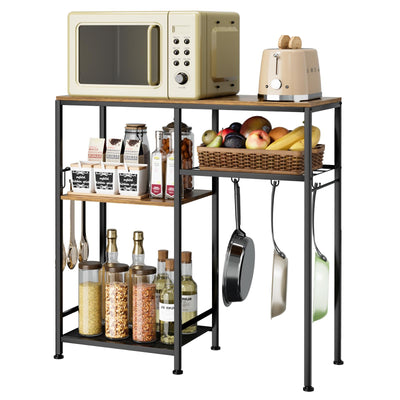 Consumest Bakers Rack with Storage - Microwave Stand and Coffee Bar Cabinet, Multifunctional Pan Organizer with 6 Hooks and 2 Shelves, Microwave Cart for Kitchen, Living Room, Brown&Black