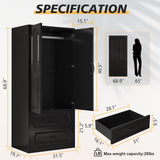 Swpormundo Wardrobe Closet with Drawers and Hanging Rod, 70" Wooden Wardrobe Closet with 2 Doors and 2 Drawer, Armoire Clothing Storage Cabinets with Smooth Slide for Bedroom, Dorm, Cloak Room (Black) Swpormundo