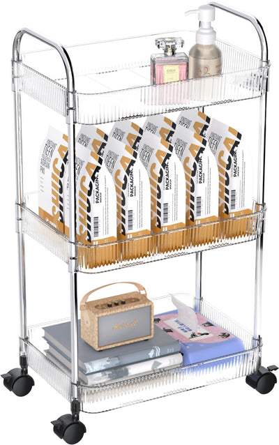 STARLATTA 3 Tier Rolling Cart with Wheels，Utility Cart Storage Cart with Handle for Kitchen，Bathroom Storage Cart,Laundry Cart,Movable Room Organizers and Storage,Book Cart,Snack Cart,Craft Cart