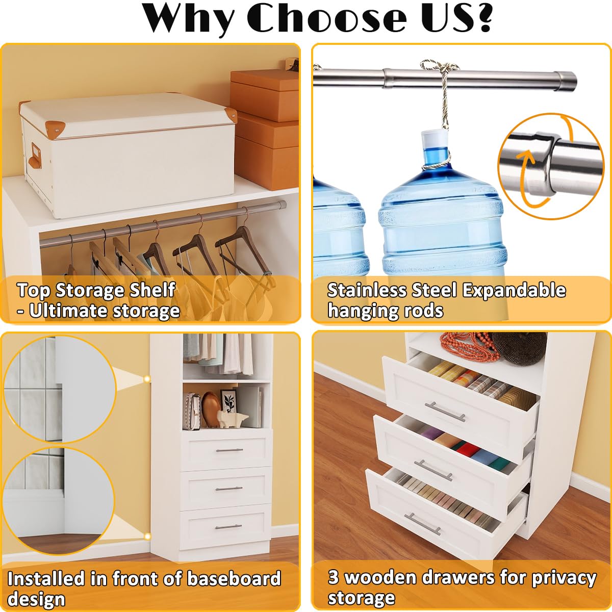 Dilando Closet System with Drawers, 8FT Wood Closet Organizer System Walk-in Closet Standalone Corner Closets Storage with Hanging Rods, White (8FT) Dilando