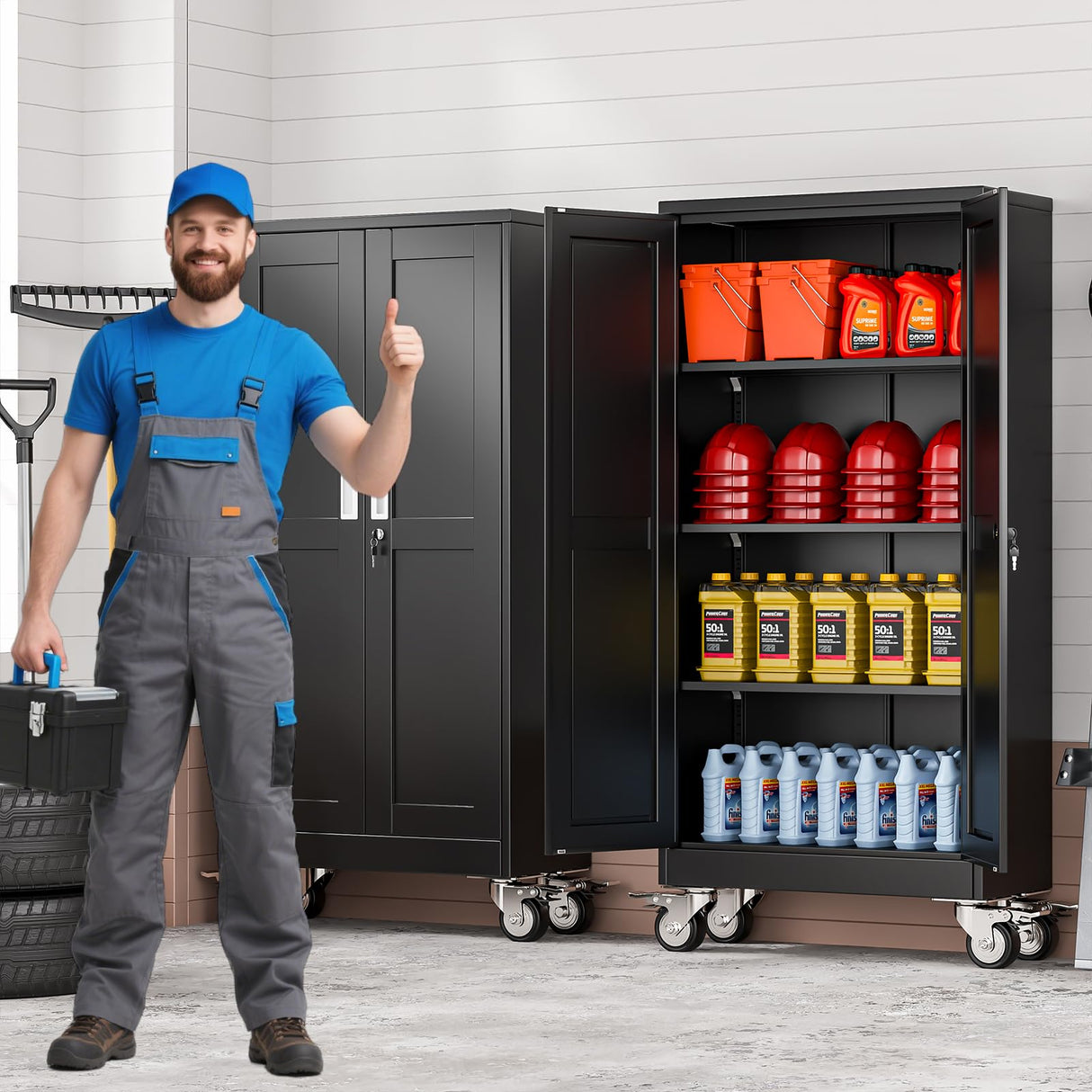 AUEYTVR 61" Tall Metal Garage Storage Cabinet with Wheels and Locking Doors and Tall Rolling Steel Tool Cabinet with 3 Adjustable Shelves for Garage,Home,Office,Shop (Black) AUEYTVR