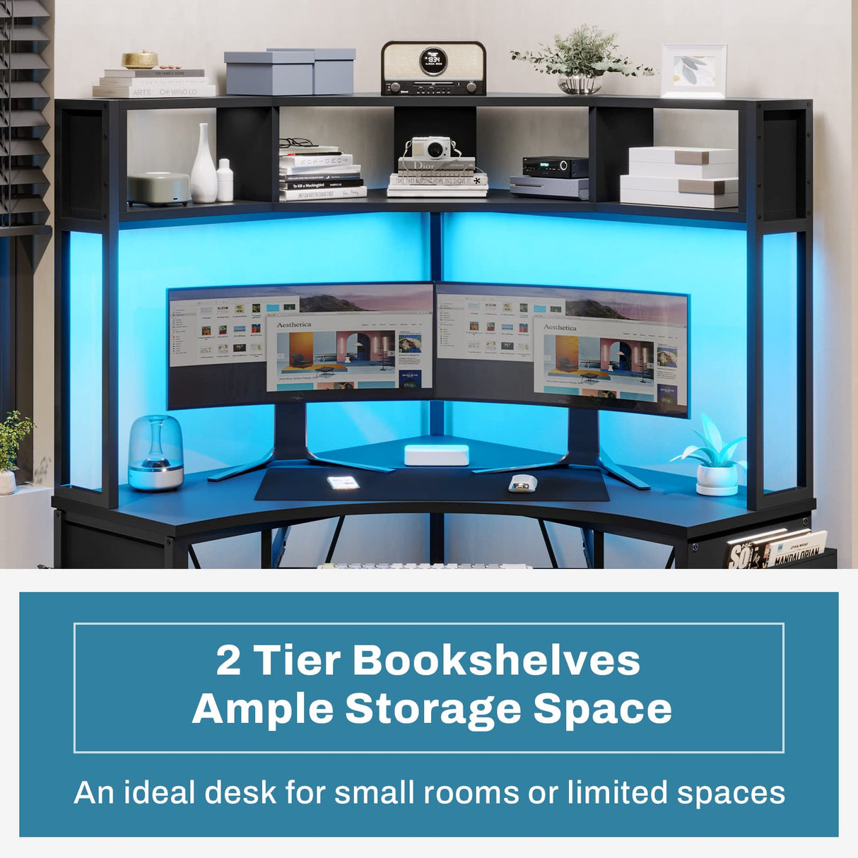 SEDETA Corner Desk, Small Computer Desk with Hutch & LED Lights, Triangle Corner Computer Desk with Keyboard Tray, Storage Bag, and Headphone Hook for Small Space, Small Office Desk, Black SEDETA