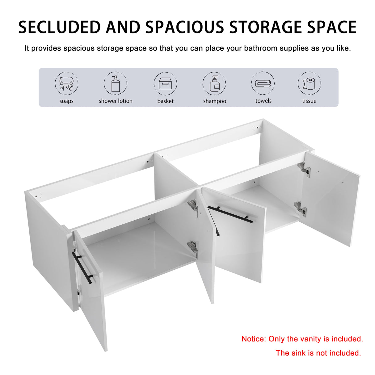 60" Bathroom Vanity without Sink, 60 Inch Floating Bathroom Vanity Cabinet, Wall Mounted Vanity without Top, Modern Bathroom Vanity with 4 Soft-Closing Doors, Large Bathroom Vanity Storage Cabinet HAALVDE