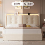 HITHOS Upholstered Full Led Bed Frame with Charging Station and Storage Drawers, Velvet Princess Platform Bed Frames with Crystal-Button Tufted Headboard for Girls and Kids, No Box Spring Need, Beige HITHOS