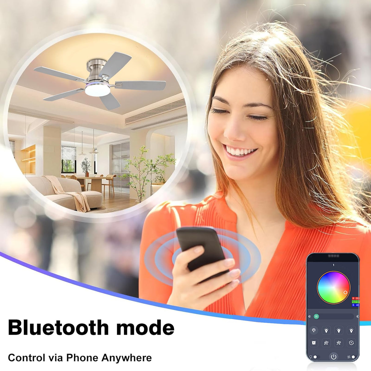 Ayaoty Ceiling Fans with Lights, 48 inch Low Profile Ceiling Fan with Light and Remote Control, Flush Mount RGB Dimmable Light, Noiseless, Nickel Ceiling Fan for Bedroom Indoor/Outdoor Use Ayaoty