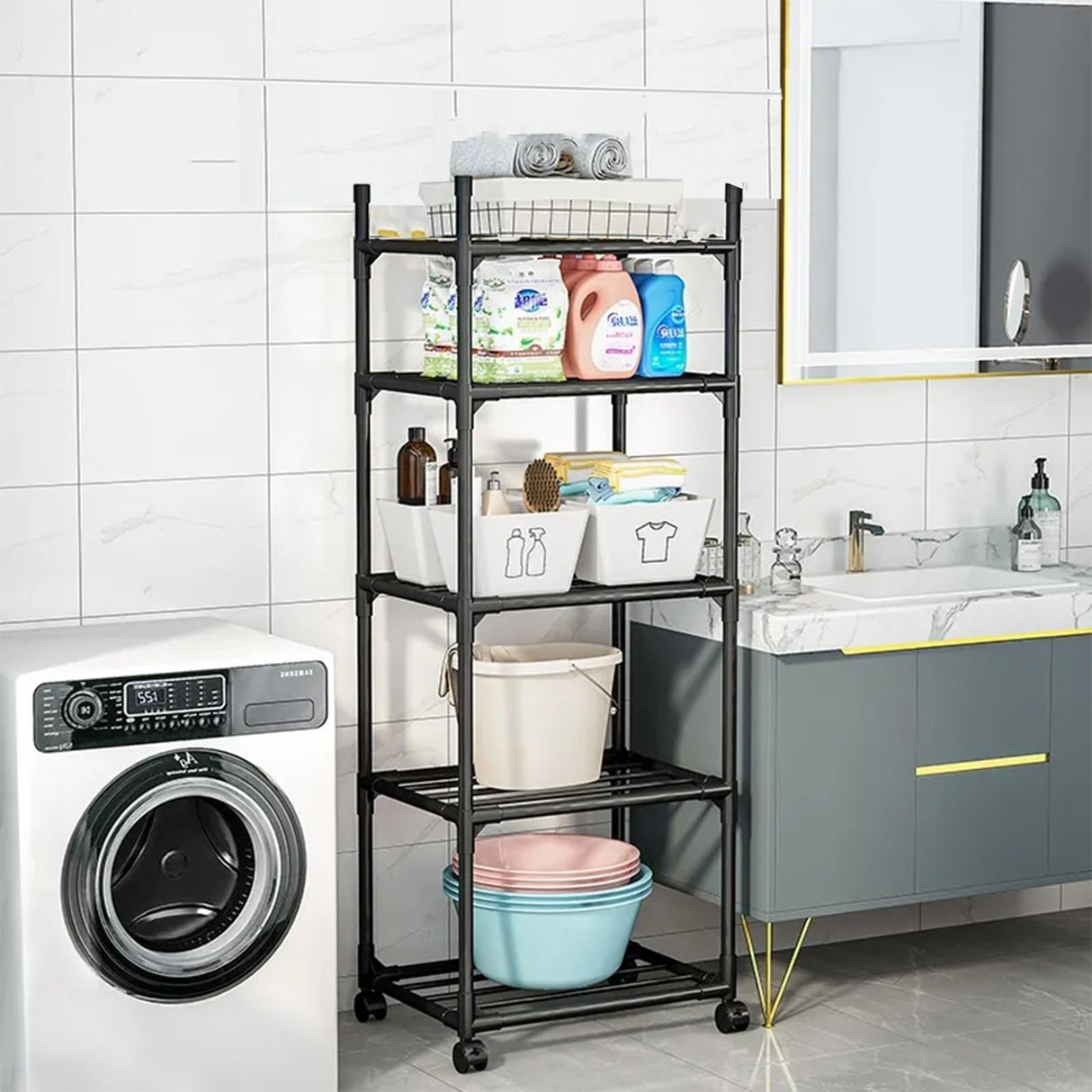 Susuzi 6-Tier Storage Shelves – 66" Tall Metal Shelving Unit with Wheels, 150lb Capacity – Compact 16.5" W x 13" D for Garage, Kitchen & Office (Black) (5-Tier) Susuzi