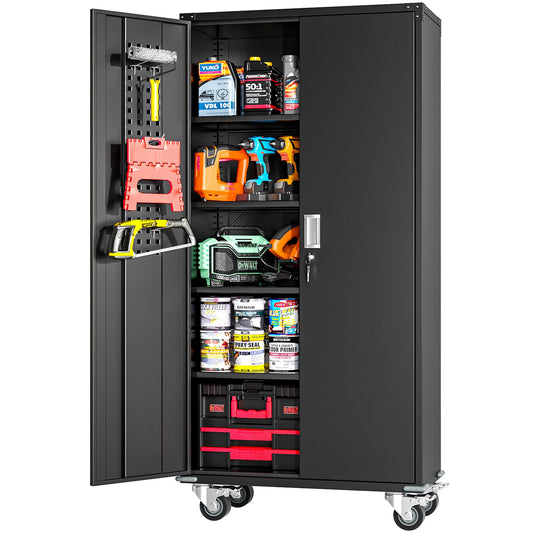 Greenvelly 72" Metal Garage Storage Cabinet with Wheels, Black Steel Locking Cabinet with 2 Doors and Adjustable Shelves, Rolling Metal Tool Cabinet for Garage, Home, Office, School - WoodArtSupply