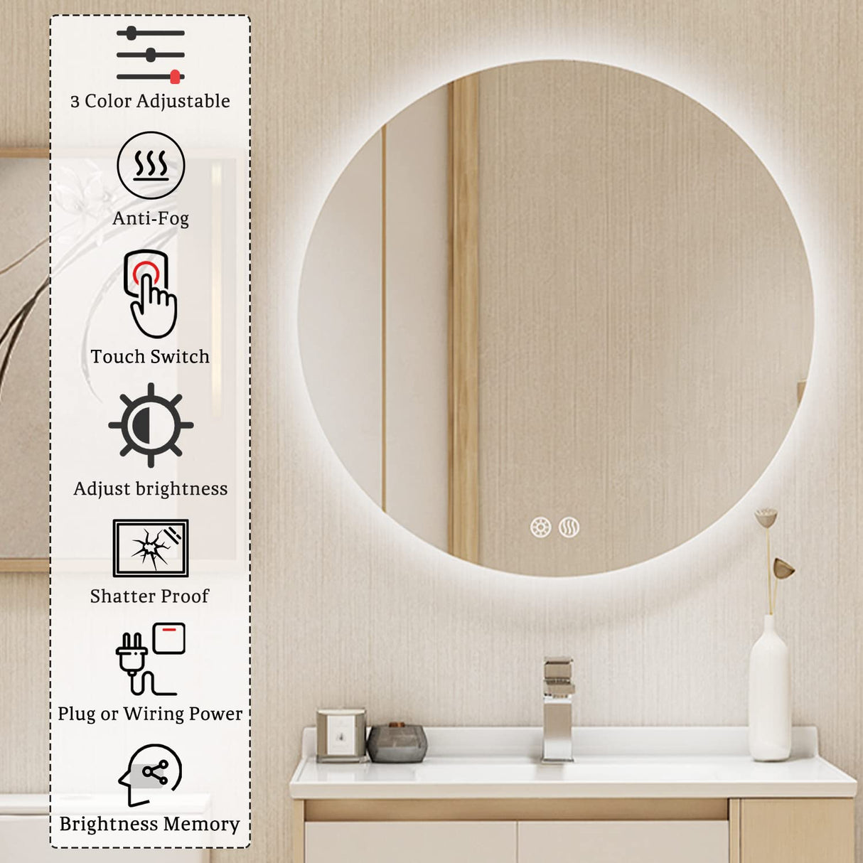 BuLife 28 Inch Round LED Bathroom Mirror Backlit Anti-Fog Wall Mounted Lighted Bathroom Vanity Mirror 3 Colors Light Dimmable Smart Makeup Mirror with Touch Switch BuLife