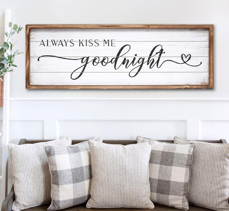 UPPER DECOR Large Above Bed Wall Decor Bedroom Sign Bedroom Decor with Solid Wood Frame for Couples, Always Kiss Me Goodnight Sign for Bedroom, Love Theme Wall Decor 42''×15'' UPPER DECOR