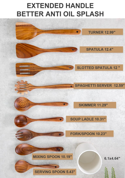 Nucookery Wooden Cooking Utensils Set with Holder, Teak Wood Kitchen Utensils Set, Ceramic Utensils Holder for Countertop, Nonstick Wooden Spoons for Cooking Spatula Set 10 Pcs, Natural Kitch - WoodArtSupply