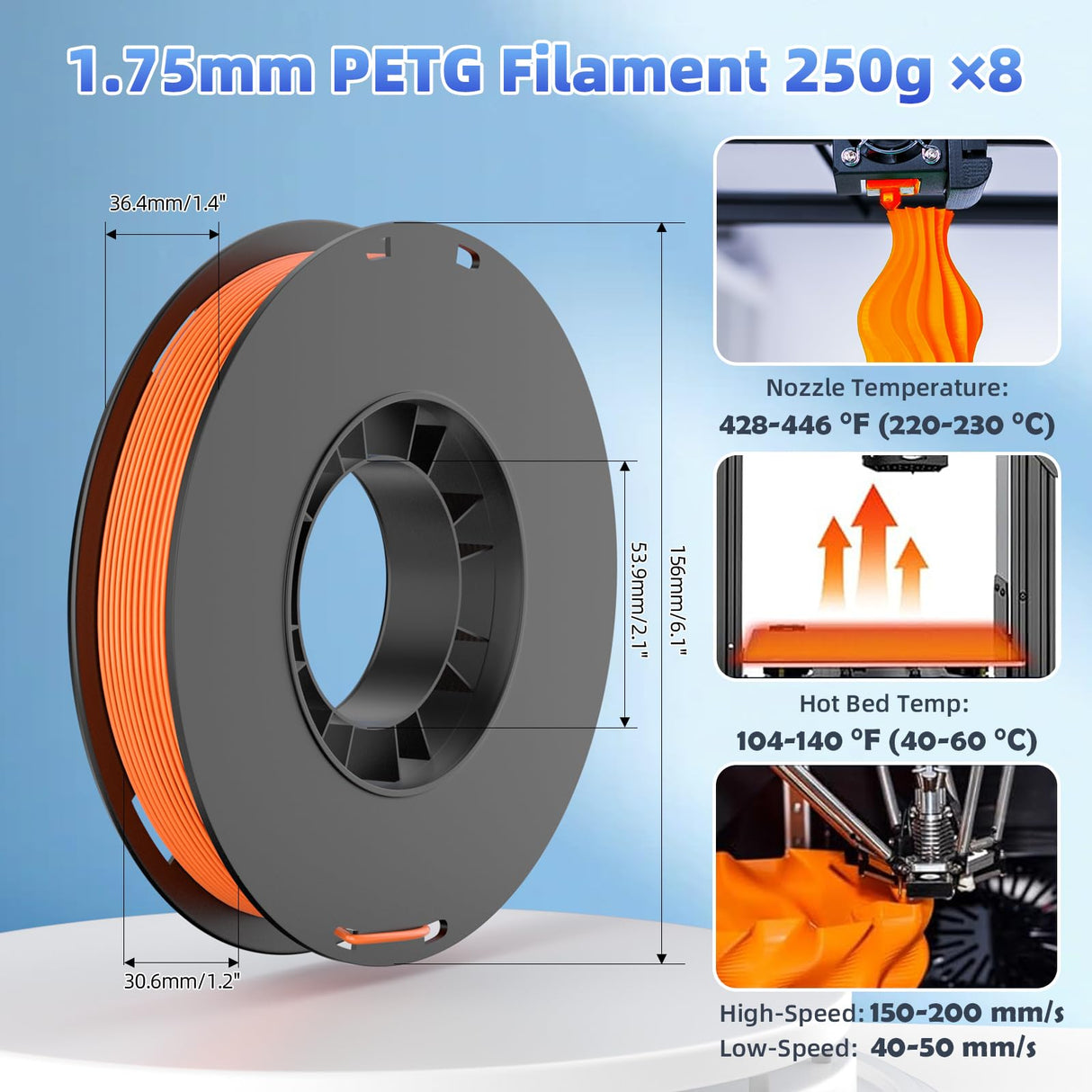 8-Color PETG Filament Bundle for 3D Printers 1.75 mm, 8 Pack Filament Refills, 269 FT 250 g Per Spool, 2 kg in Total, White, Black, Red, Blue, Yellow, Green, Orange Yellow, Sakura Pink SWER