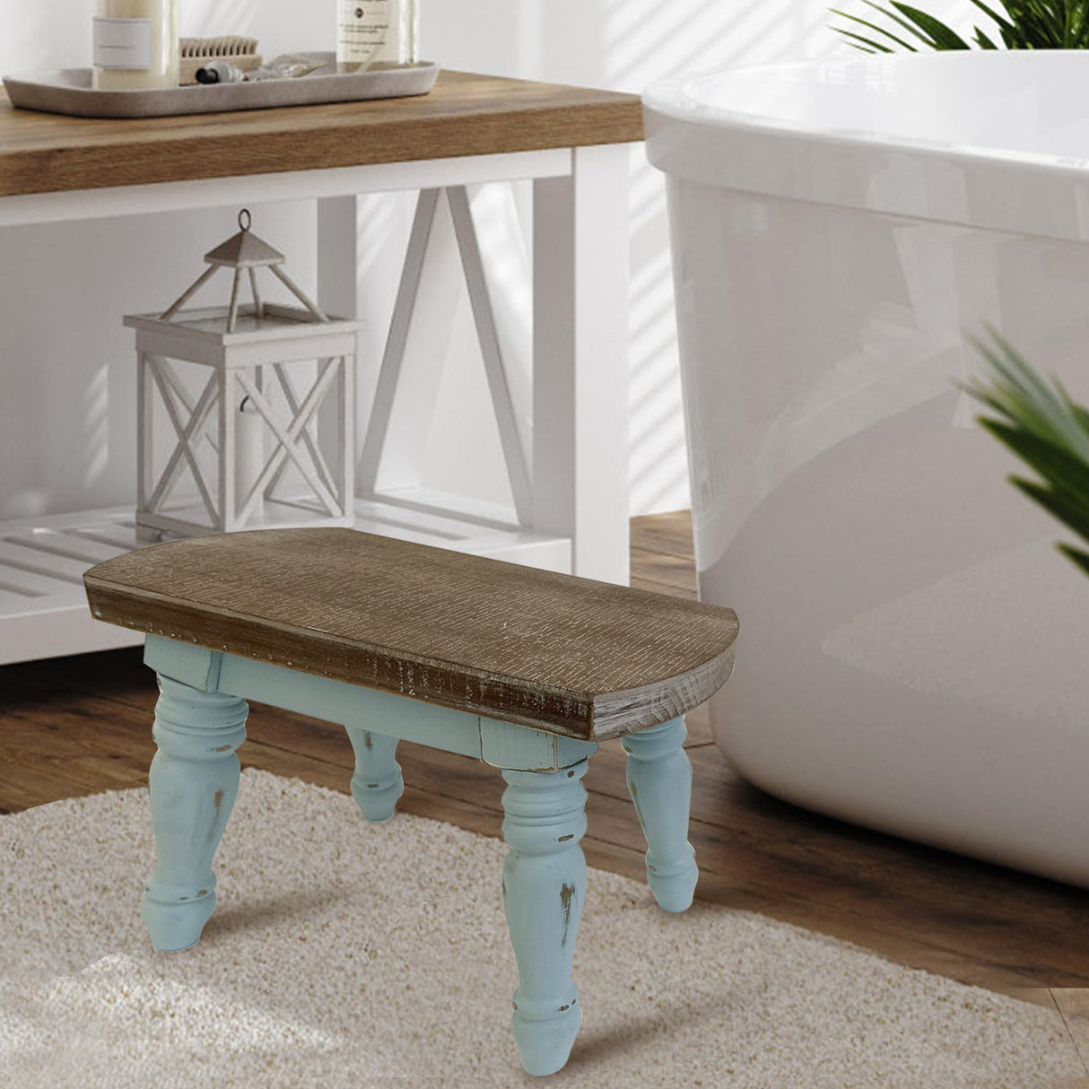dwellington Farmhouse Wood Step Stool Bedside Stool Samll Rustic Plant Foot Stool for Bathroom, Kitchen, Bedroom dwellington