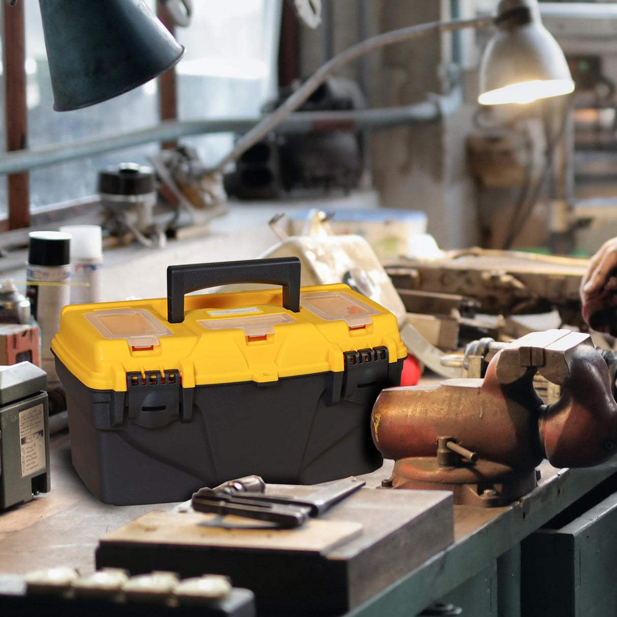 Torin 15.5" Plastic Storage Tool Box with Removable Tray,Small Toolbox Organizer With Screw Box, Black/Yellow ATRJH-3015T Torin