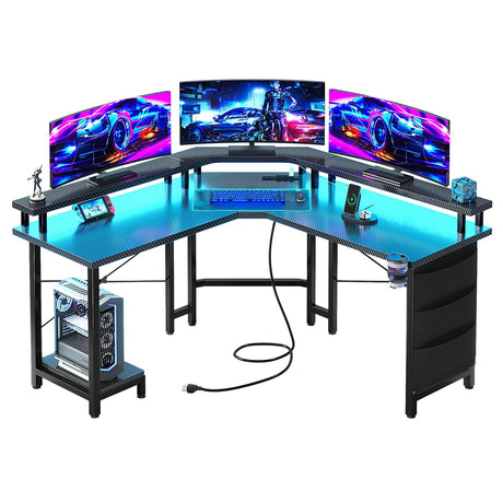 L Shaped Gaming Desk with LED Lights & Power Outlets, 51" Corner Computer Desk with Full Size Monitor Stand, Storage Bag & CPU Stand for Home Office, Black Carbon Fiber Flrrtenv