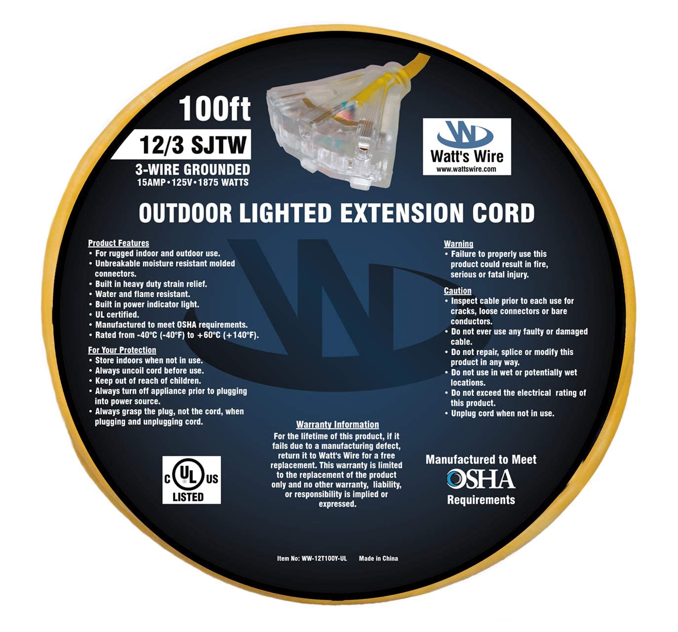 100 ft - 12 Gauge Heavy Duty Extension Cord - 3 Outlet Lighted SJTW - Indoor/Outdoor Extension Cord by Watt's Wire - 100' 12-Gauge Grounded 15 Amp Extension Cord - WoodArtSupply