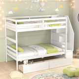 KOMFOTT Wood Twin Over Twin Bunk Bed with Storage Drawers & Stairs, Bunk Beds with Bookcase & Safety Guardrail, Solid Wood Slatted Bunk Bed for Kids Teens Adults, No Box Spring Needed (White) KOMFOTT