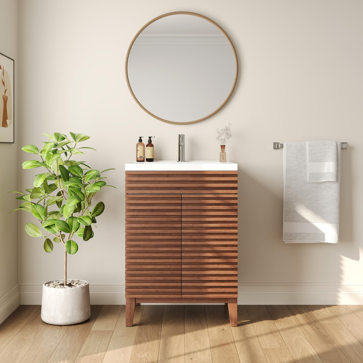 DeerValley DV-1BV0151NW 24" Bathroom Vanity with Ceramic Sink Top, Pre-Assembled Mid-Century Wood Bathroom Cabinet Sink Combo in Walnut White Deer Valley