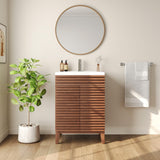 DeerValley DV-1BV0151NW 24" Bathroom Vanity with Ceramic Sink Top, Pre-Assembled Mid-Century Wood Bathroom Cabinet Sink Combo in Walnut White Deer Valley