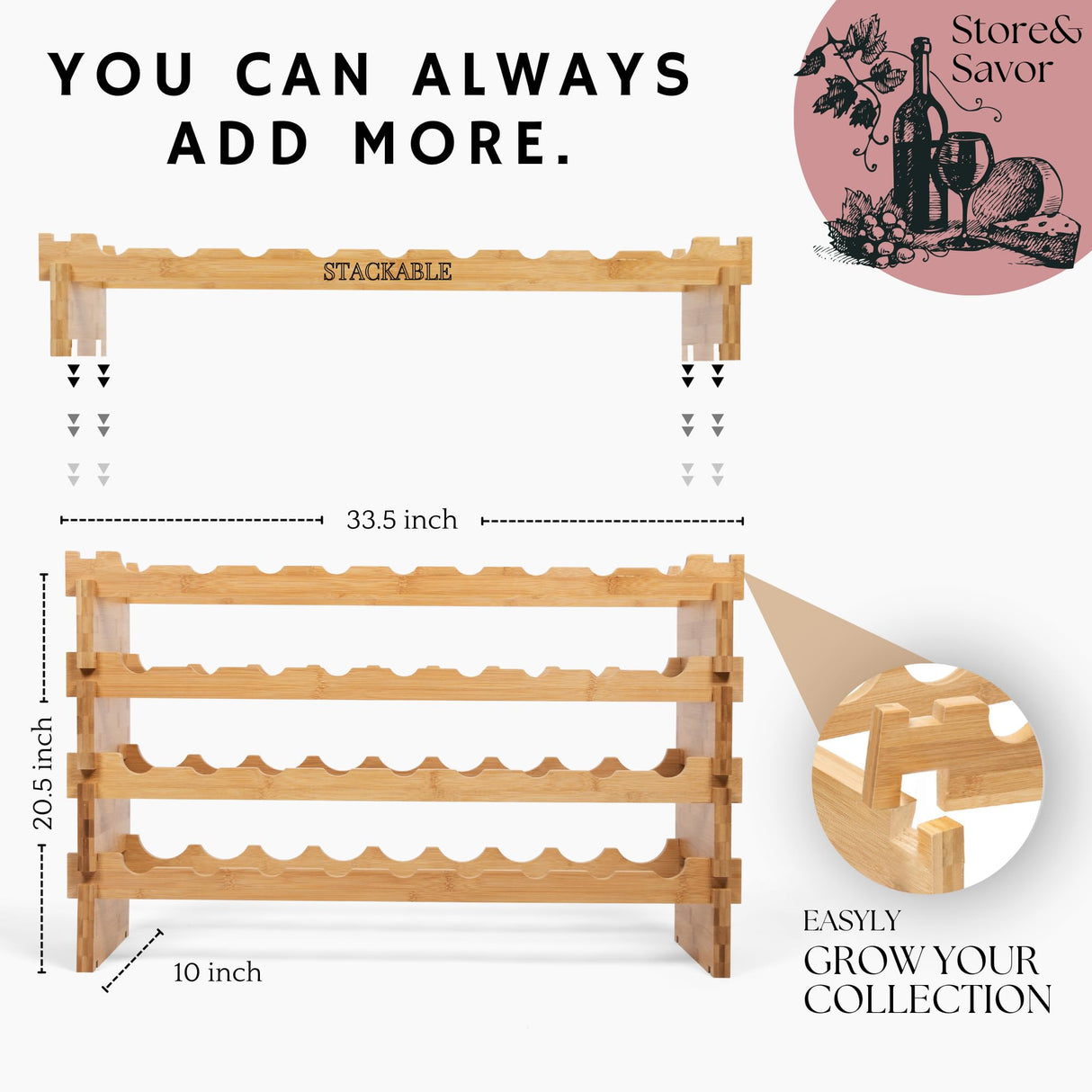 DECOMIL - 36 Bottle Large Wine Rack, Stackable & Modular Wine Storage Rack, Solid Bamboo Wine Holder Display Shelves, Wobble-Free (Four-Tier, 36 DECOMIL