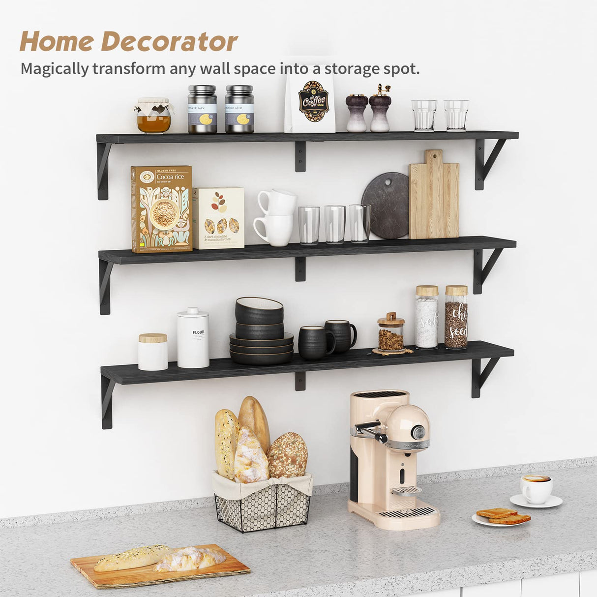 Forbena Floating Shelves 36 Inches Long 8 in Deep Set of 3, Large Wall Shelf for Bedroom Books, Heavy Duty Wide Wall Shelving for Closet Organizers and Storage, Living Room, Library (Black) Forbena