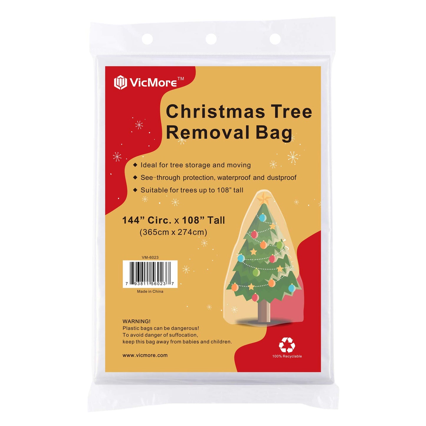 VICMORE Clear Christmas Tree Removal Bag 144-Inch Circumference by 108-Inch Tall Christmas Tree Storage Bag Tree Disposal Bag Suitable for Trees up to 9 Feet Tall