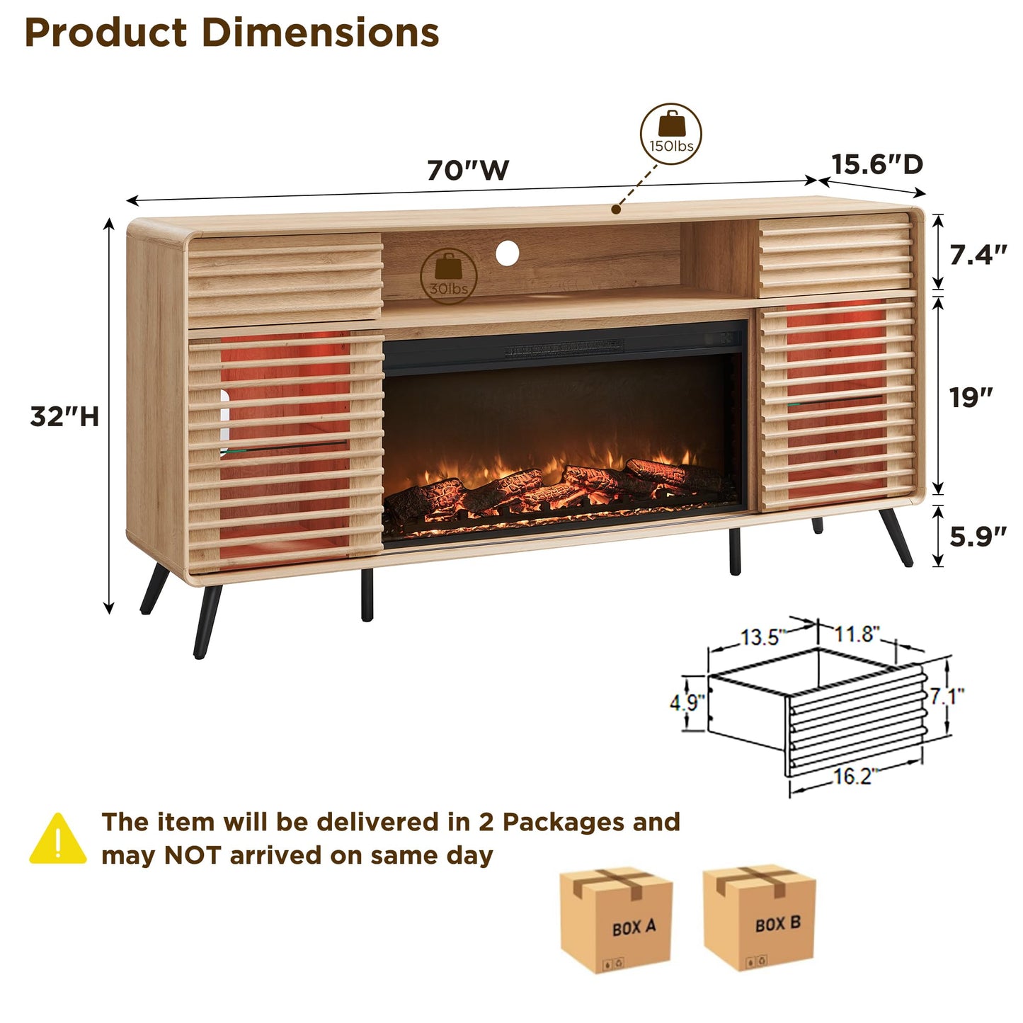 RedLemon Fireplace TV Stand for 80 Inch TV, Mid Century Modern Entertainment Center with 36" Electric Fireplace & Led Lights, Wood Media Console w/Slatted Sliding Doors for Living Room, Natural Oak