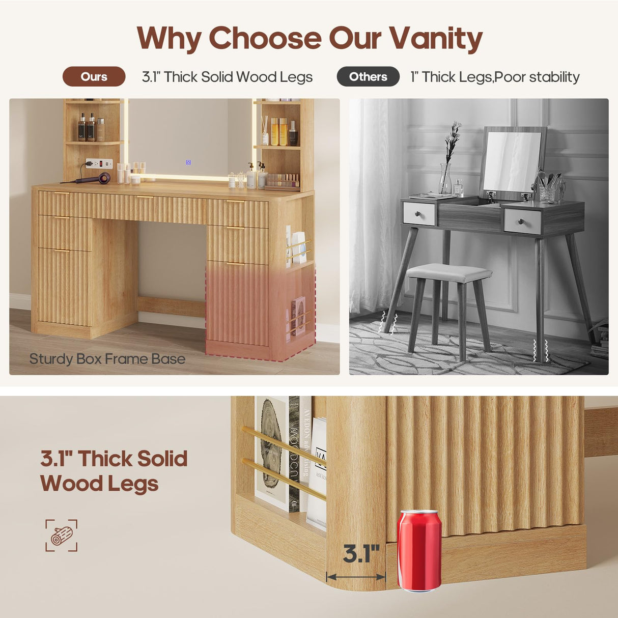 HAUOMS 51.2" Fluted Makeup Vanity Desk with Large 30.3" Mirror and Lights, 5 Drawer Vanity with Power Strip, 6 Open Shelves, 2 Cabinet，Modern Dressing Table with Solid Wood Legs for Bedroom, Oak HAUOMS