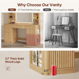 HAUOMS 51.2" Fluted Makeup Vanity Desk with Large 30.3" Mirror and Lights, 5 Drawer Vanity with Power Strip, 6 Open Shelves, 2 Cabinet，Modern Dressing Table with Solid Wood Legs for Bedroom, Oak HAUOMS