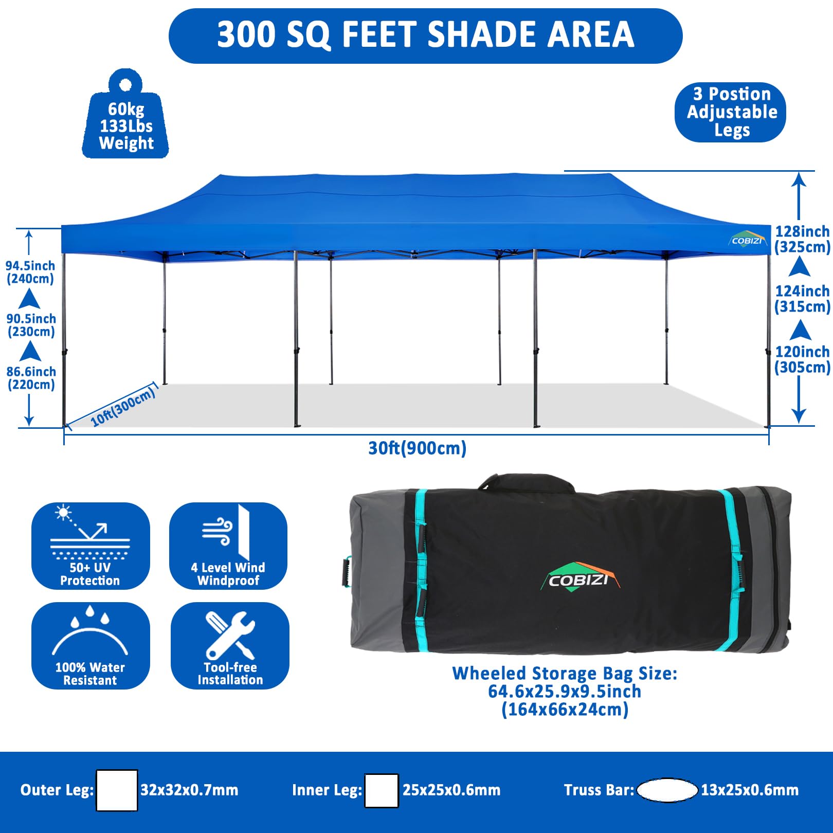 COBIZI 10x30 Pop Up Canopy without Sidewall,Heavy Duty Canopy UPF 50+ All Season Wind Waterproof Commercial Outdoor Wedding Party Tents for Parties Canopy Gazebo with Roller Bag(10 x 30 ft Bl - WoodArtSupply